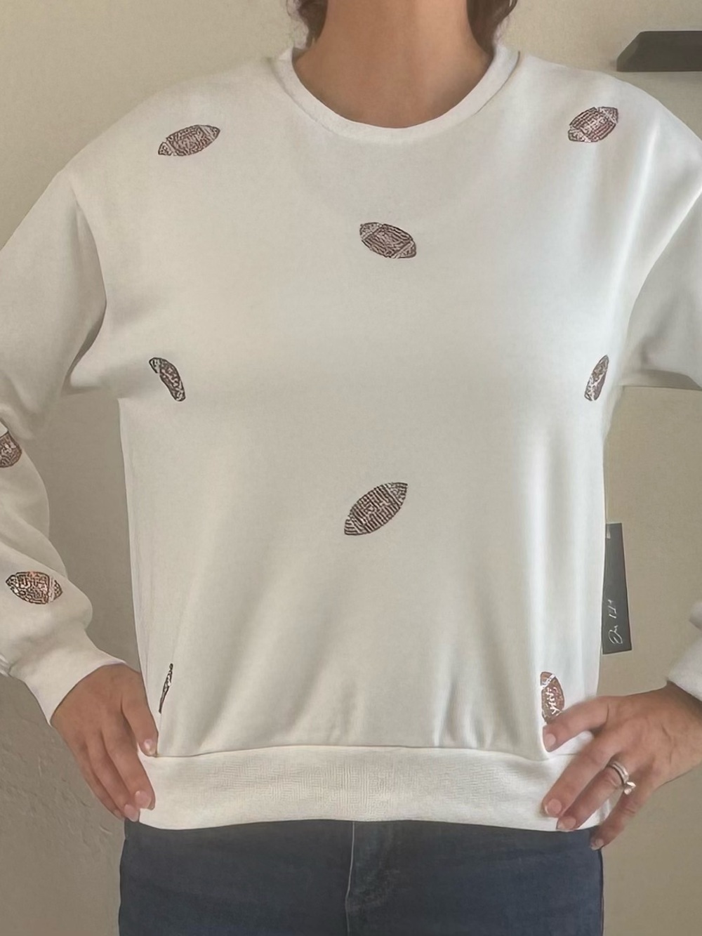 White Sweatshirt with Brown Football Print